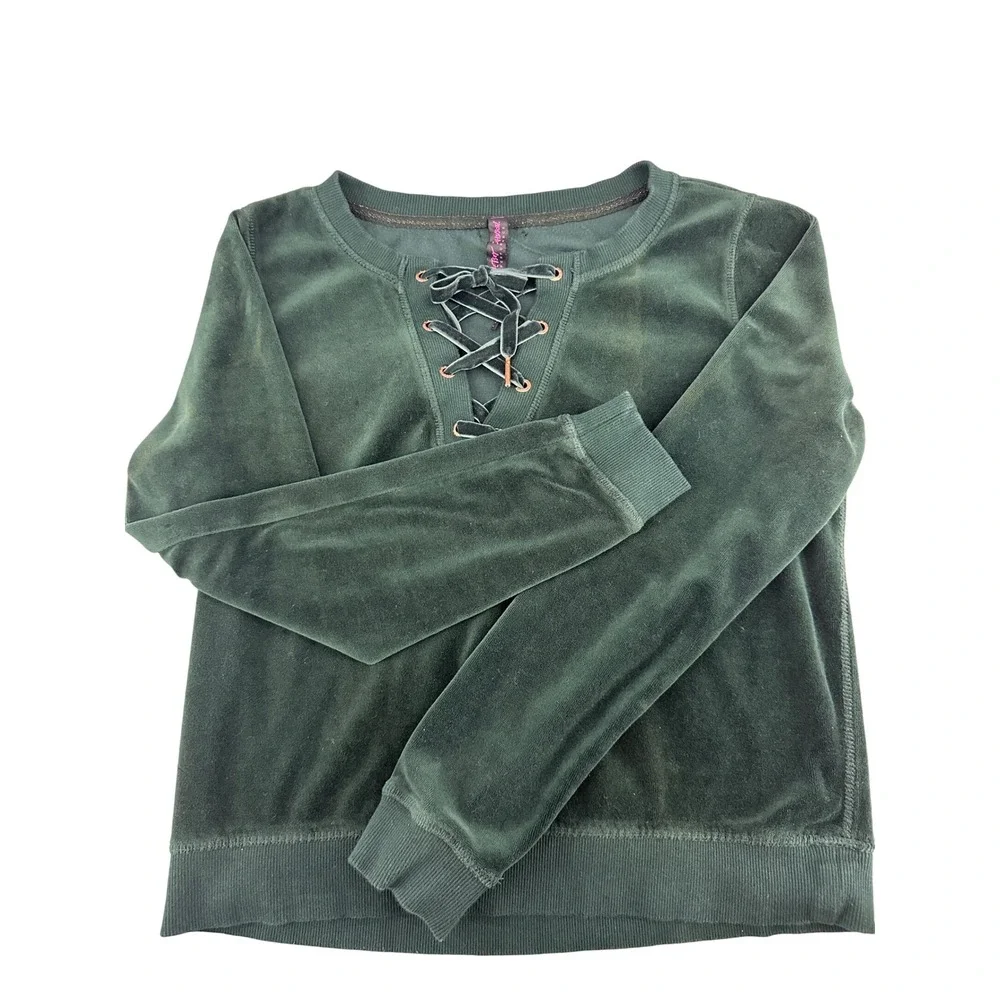 Betsey‎ Johnson Velour Lace Up Sweatshirt Green Performance Womens M Christmas - Picture 13 of 13